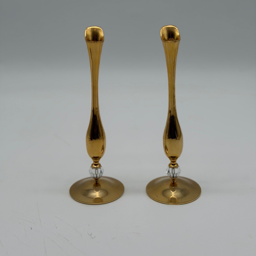 Vintage Gold Tone Slim Bud Vase Pair with Crystal Accent Mid Century MCM 7.75"